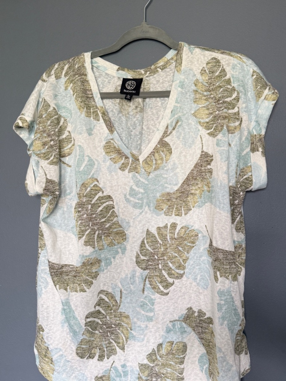 Boden White V-Neck Tee with Sage and Pale Blue Leaf Print